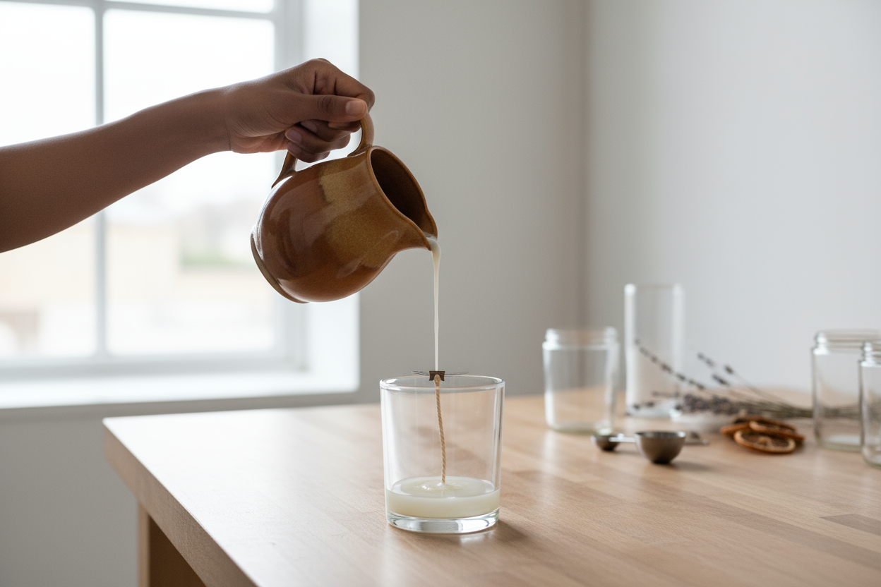 brown skin female hand holding a pitcher pour liquid soy wax into a glass container with a candle wick in the center of the glass in a clean studio setting