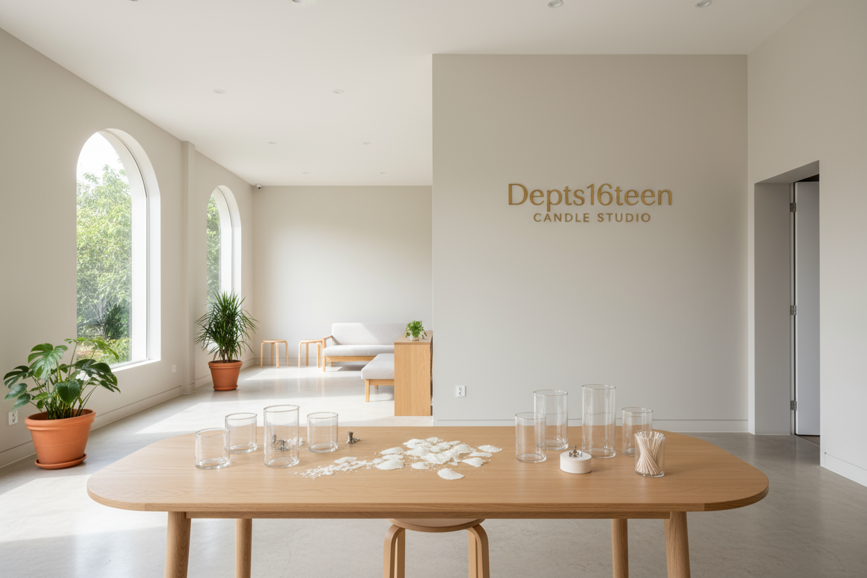 clean studio theme with Depts16teen Candle Studio in clean minimal font written on the back wall with glass vassal wax flake and wick on a clean finish table